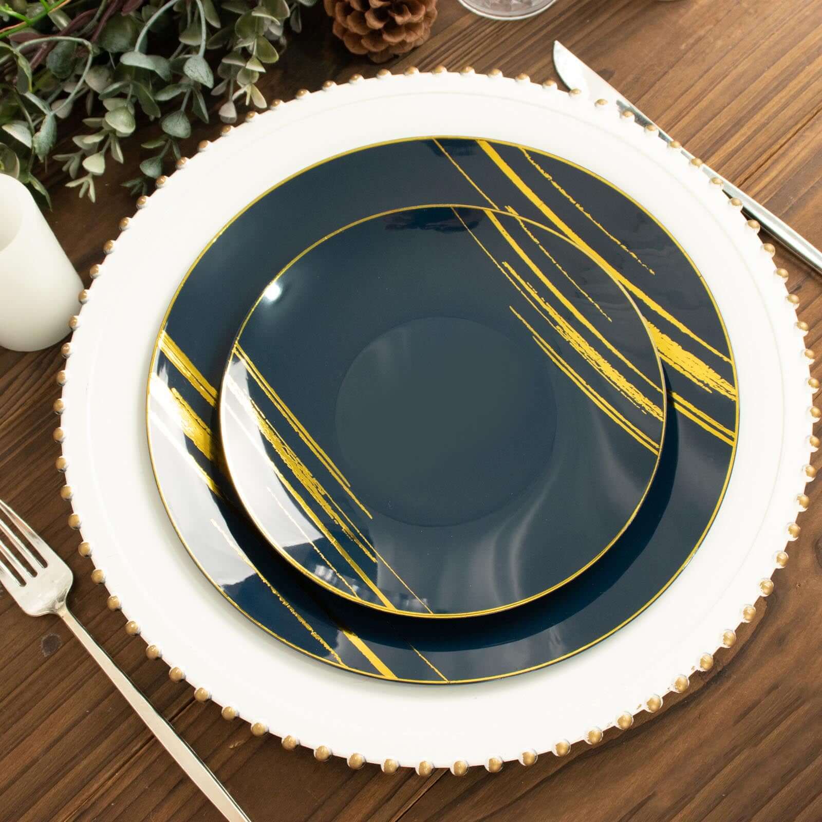 10-Pack Plastic 7" Round Dessert Plates in Navy Blue with Gold Brush Stroked Print - Disposable Appetizer Salad Plates