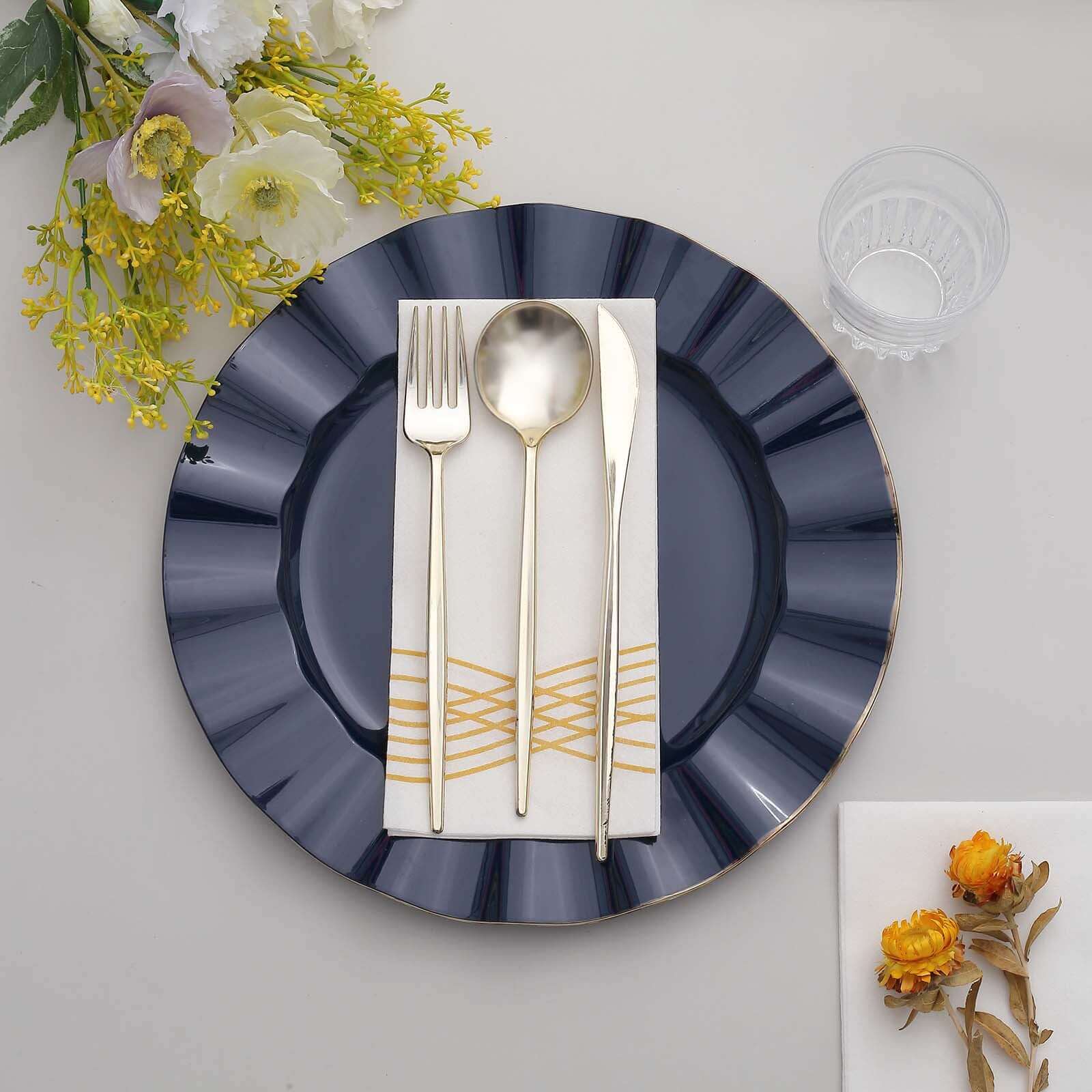 10-Pack Plastic 11" Round Dinner Plates in Navy Blue Ruffled Rim with Gold Edging - Sturdy Disposable Dinnerware