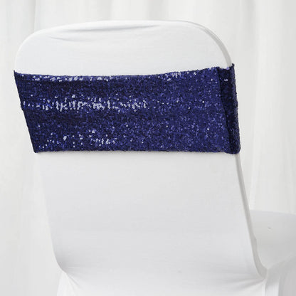 5 Pack Sequin Spandex Chair Sashes Navy Blue - Stretch Chair Bands 6"x15"