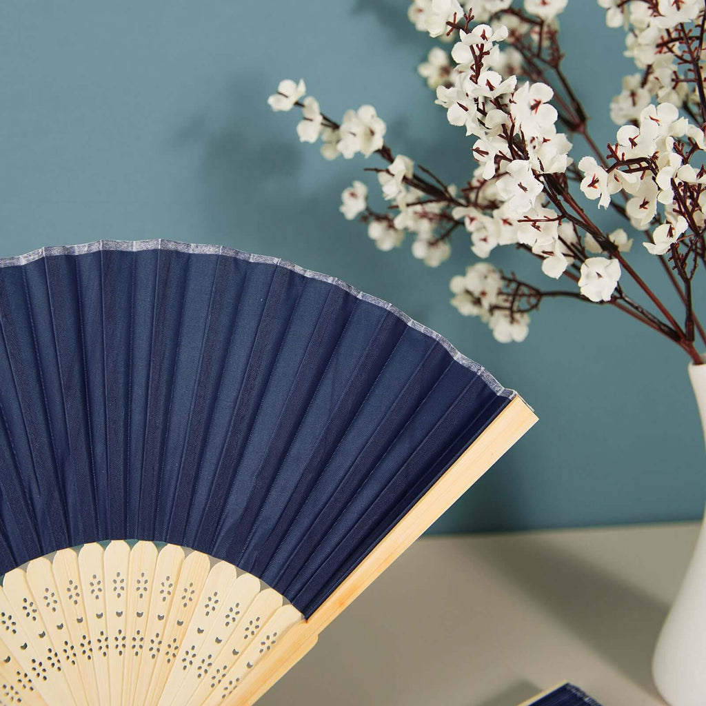 5 Pack Navy Blue Asian Silk Folding Fans Party Favors, Oriental Folding Fan Favors