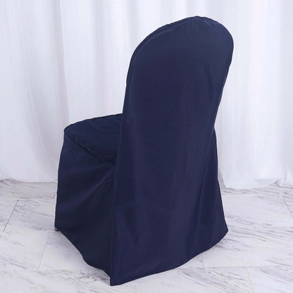 Polyester Slip On Banquet Chair Covers Navy Blue - Stain-Resistant Reusable Durable Fabric