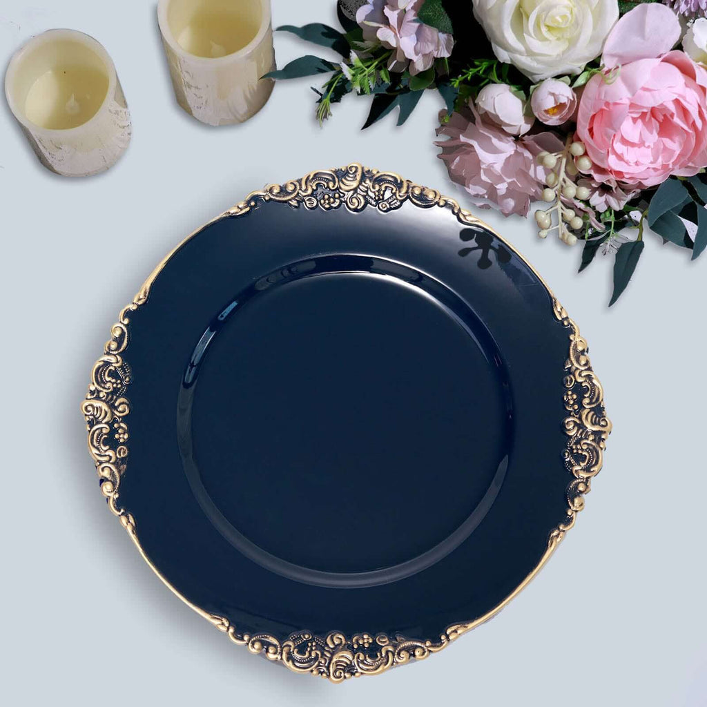 6-Pack Acrylic Round Charger Plates 13" in Navy Blue with Gold Embossed Baroque Rim, Antique Decorative Dinner Party Charger Tableware