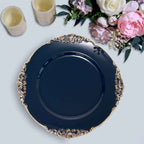 6-Pack Acrylic Round Charger Plates 13" in Navy Blue with Gold Embossed Baroque Rim, Antique Decorative Dinner Party Charger Tableware