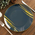 10-Pack Plastic 10" Round Dinner Plates in Navy Blue with Gold Brush Stroked Print - Disposable Party Dinnerware