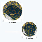 20-Pack Set Plastic Round Dinner and Salad Plates in Navy Blue with Geometric Gold Print - Modern Disposable Dinnerware Set for Weddings & Celebrations 9", 7"