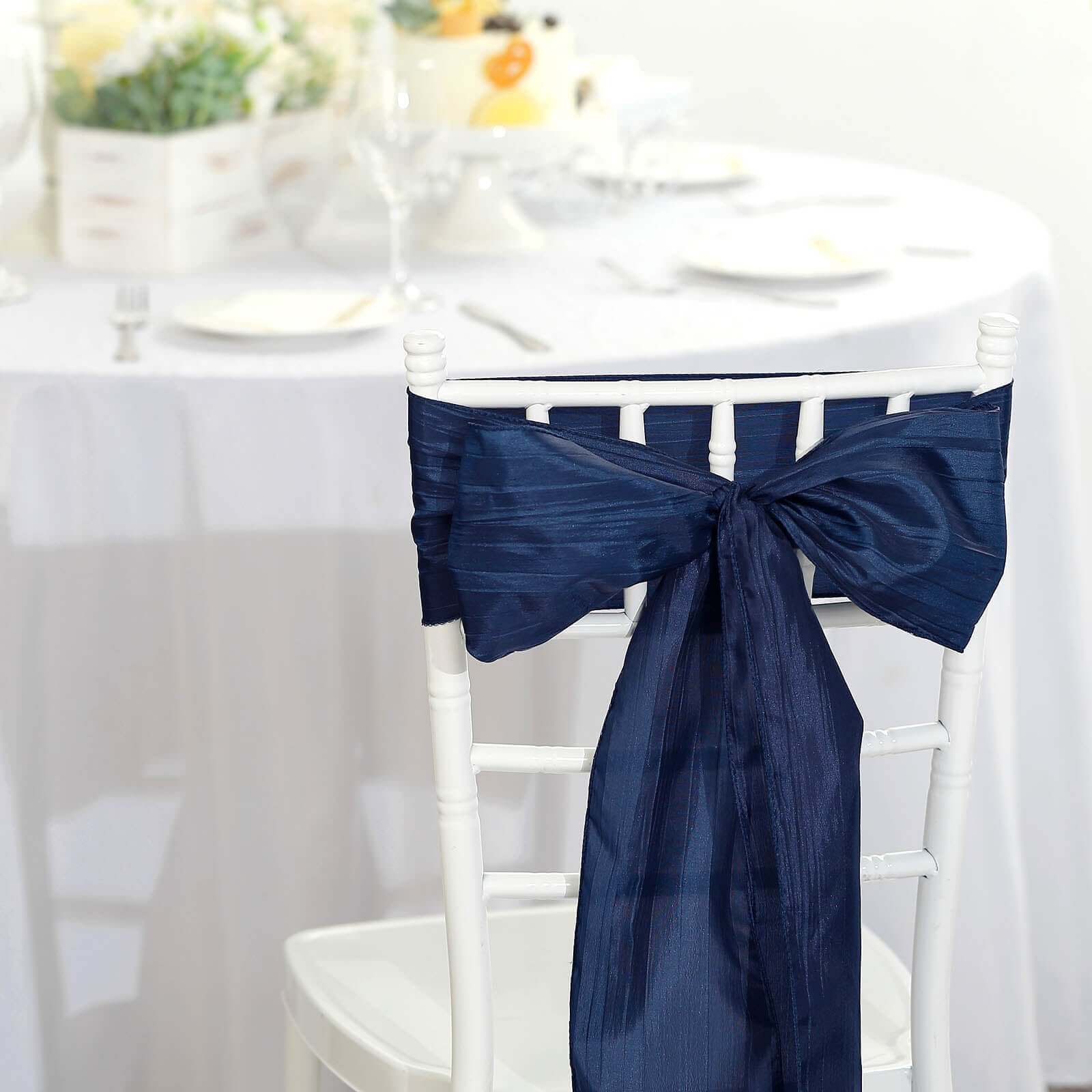 5 Pack Taffeta 6"x106" Chair Sashes Navy Blue Accordion Crinkle Texture - Stylish Decor for Weddings & Gatherings
