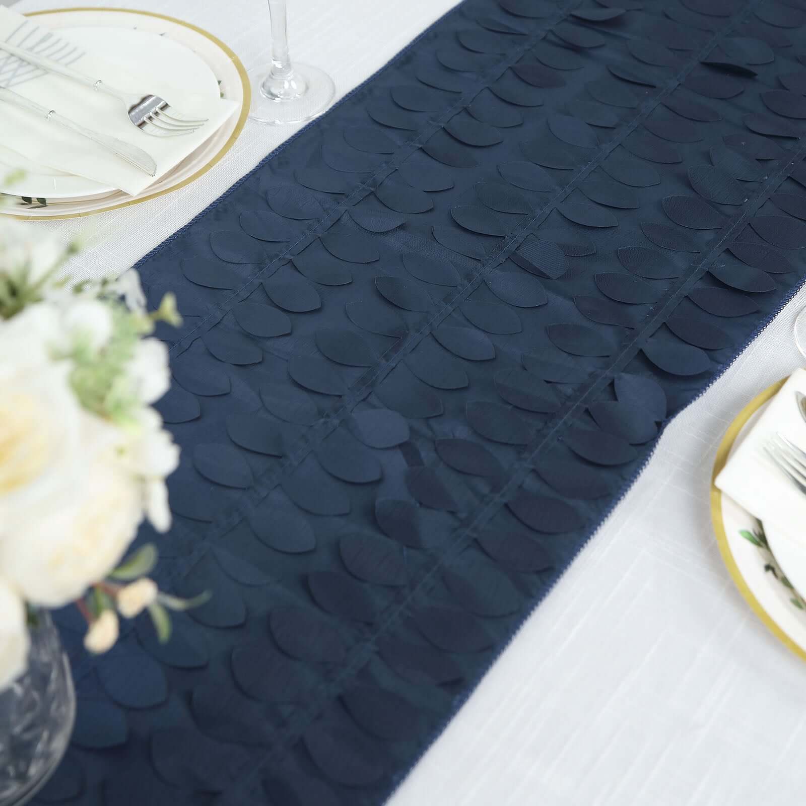 Taffeta Fabric 12"x108" Table Runner Navy Blue - 3D Leaf Petal Design
