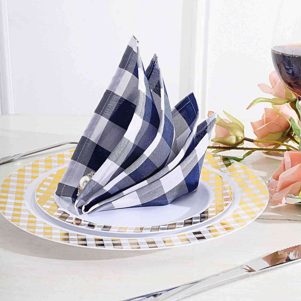 5 Pack Polyester 15"x15" Napkins Navy Blue/White Buffalo Plaid Gingham Style Cloth Napkins