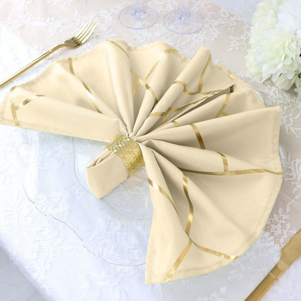 5 Pack Polyester 20"x20" Napkins Beige with Gold Geometric Foil Pattern - Modern Reusable Dinner Napkins