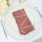 5 Pack Polyester 20"x20" Napkins Cinnamon Rose with Gold Geometric Foil Pattern - Modern Reusable Dinner Napkins