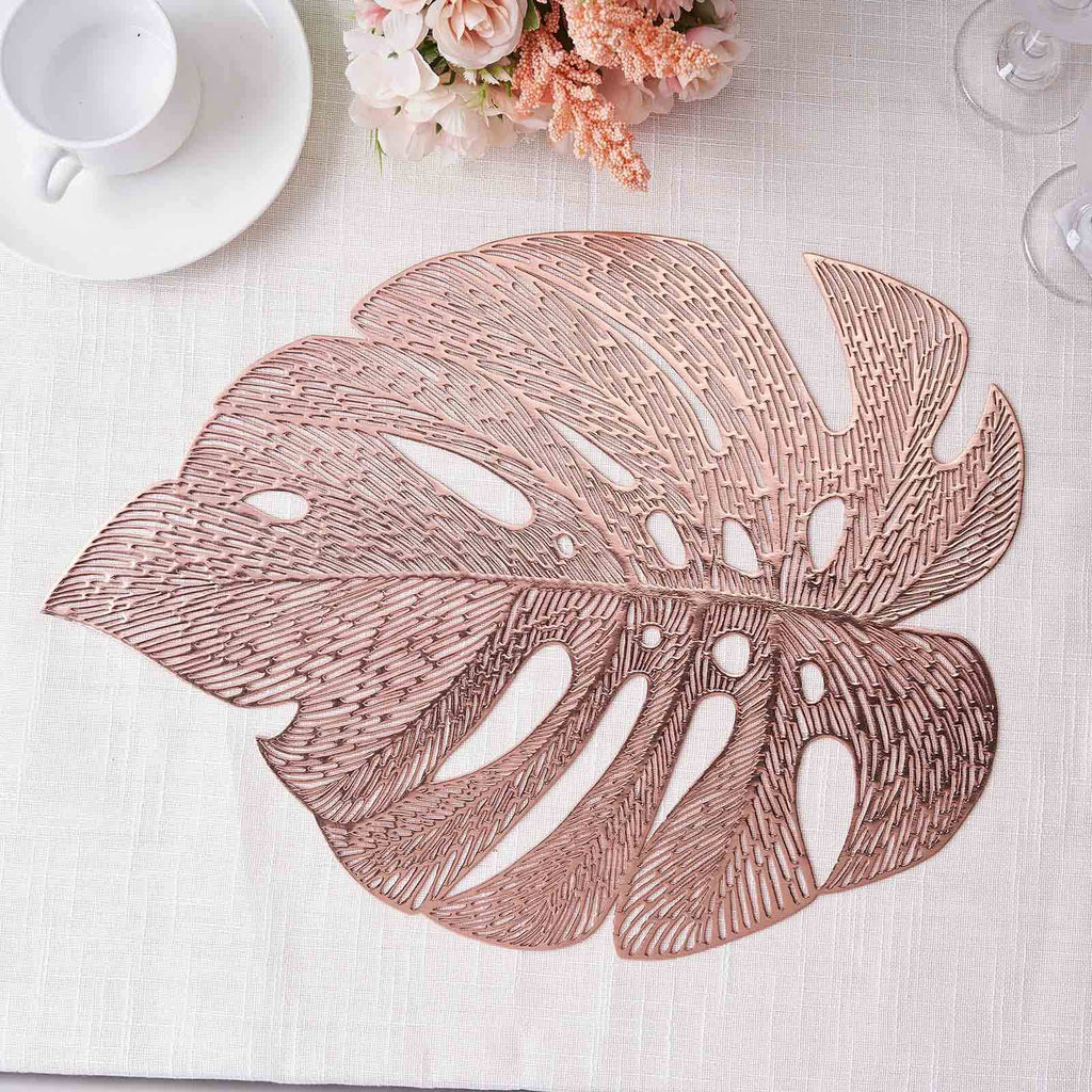 6-Pack Dining Table Mats Monstera Leaf Design Rose Gold - Vinyl Non-Slip Surface for Tropical Themes 18"