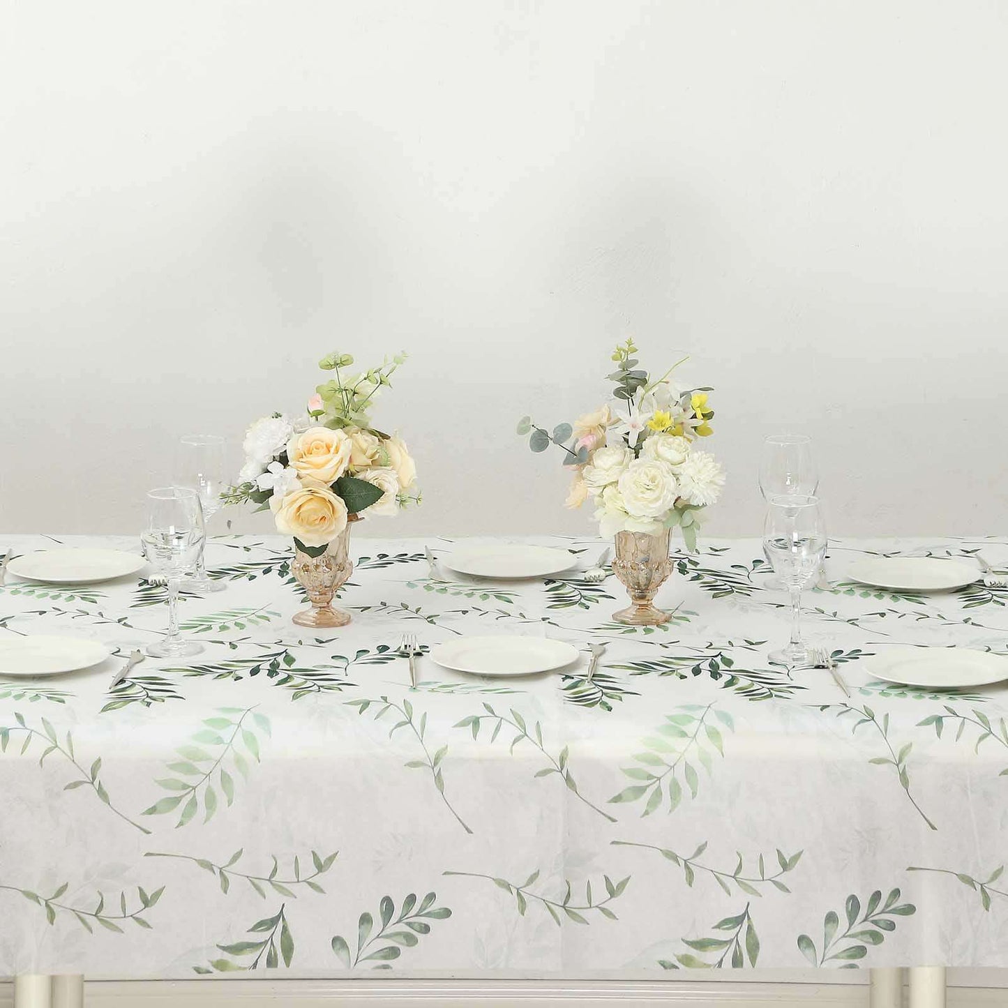 Non - Woven Tablecloth Rectangle White/Green with Olive Leaves Print - Perfect Disposable Table Cover for Summer 60"x102" - Bell Racket Store