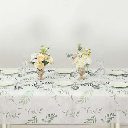 Non - Woven Tablecloth Rectangle White/Green with Olive Leaves Print - Perfect Disposable Table Cover for Summer 60"x102" - Bell Racket Store