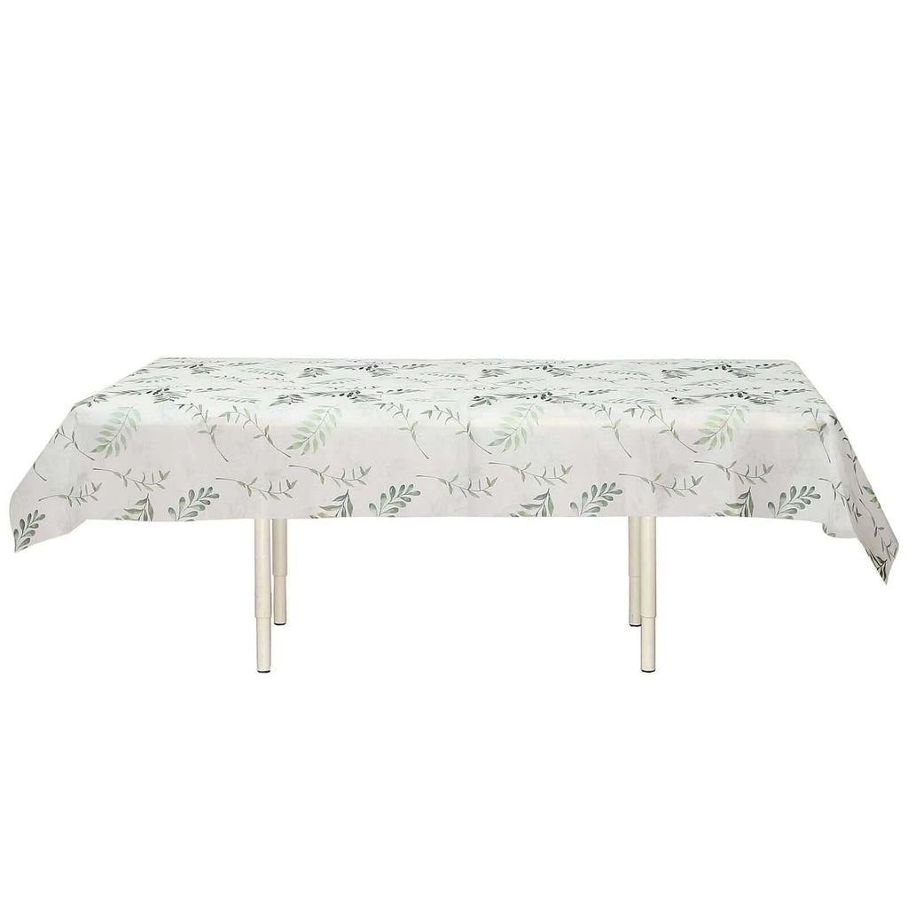 Non - Woven Tablecloth Rectangle White/Green with Olive Leaves Print - Perfect Disposable Table Cover for Summer 60"x102" - Bell Racket Store