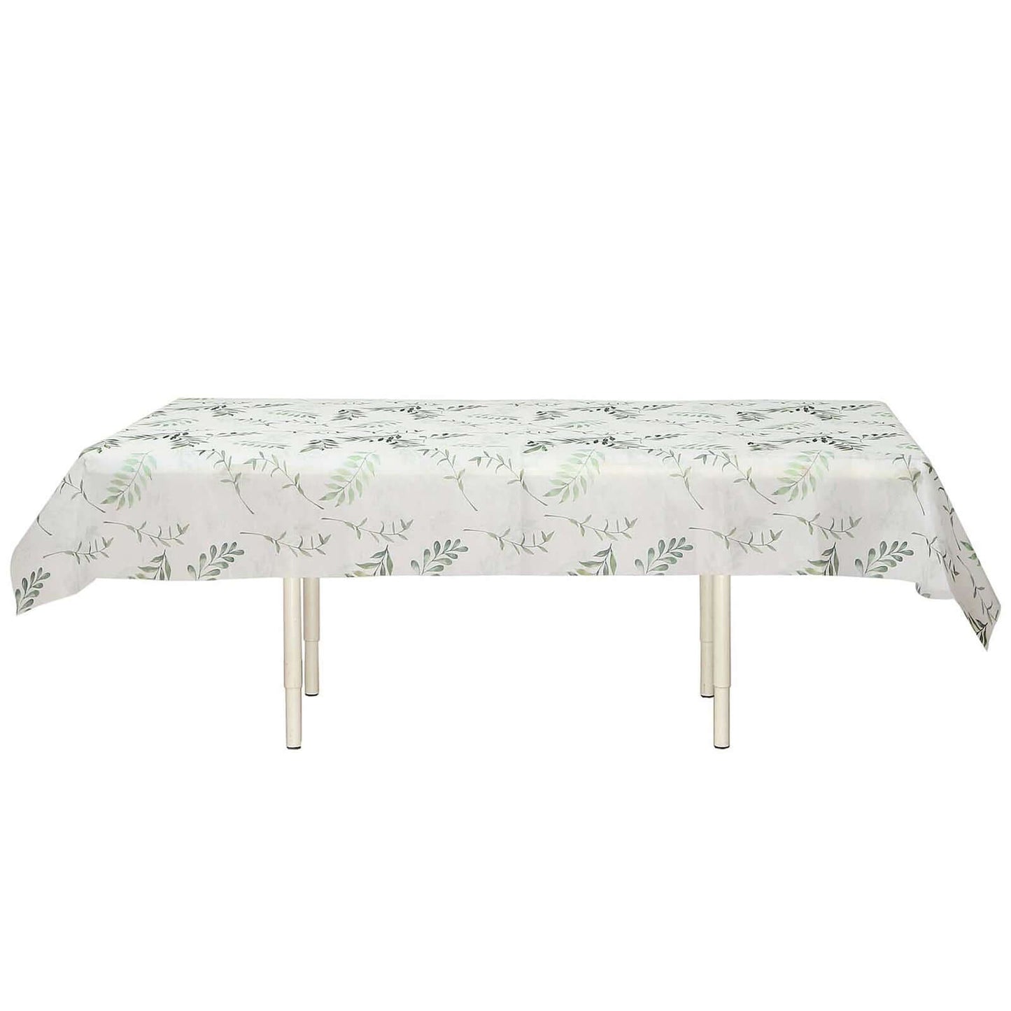 Non - Woven Tablecloth Rectangle White/Green with Olive Leaves Print - Perfect Disposable Table Cover for Summer 60"x102" - Bell Racket Store