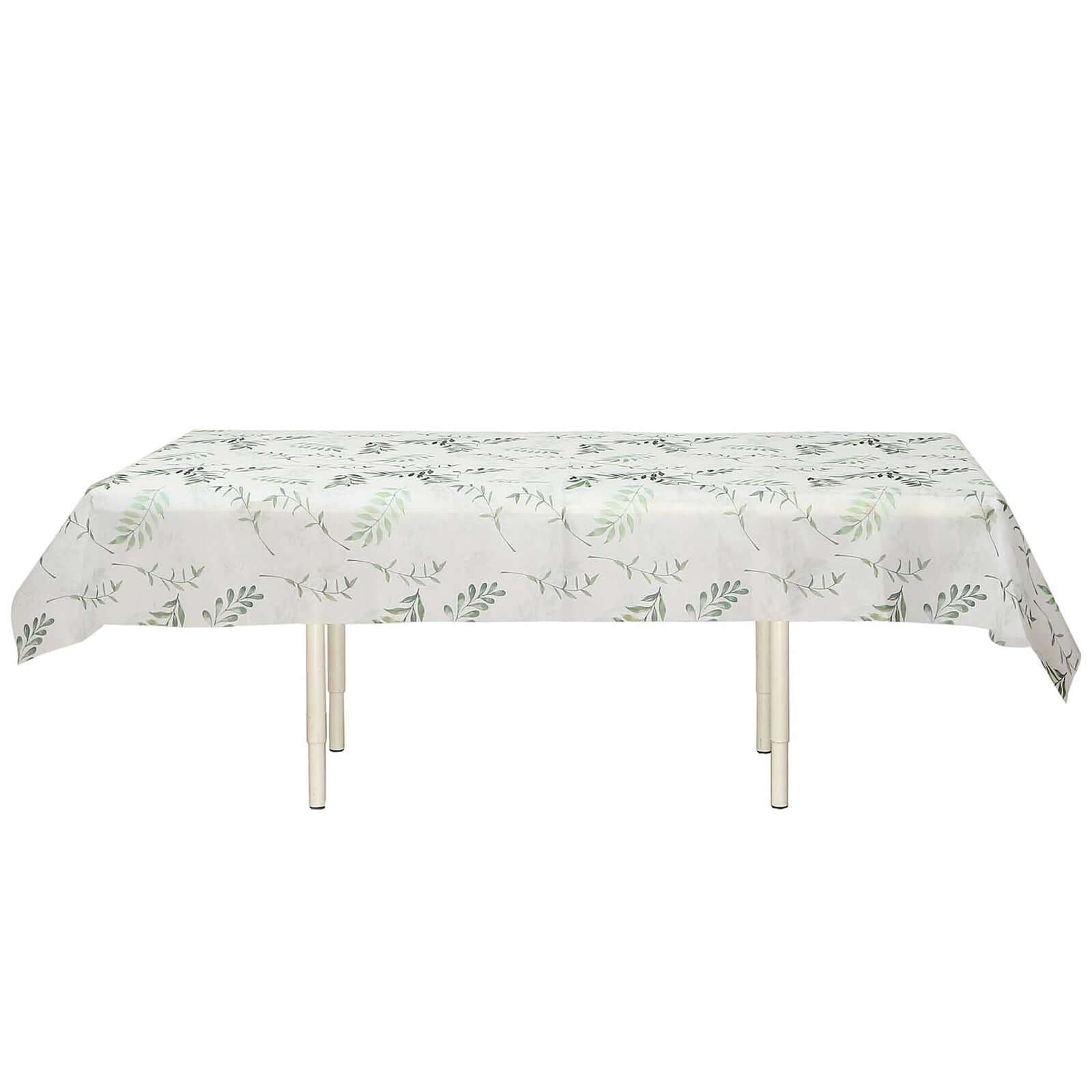 Non - Woven Tablecloth Rectangle White/Green with Olive Leaves Print - Perfect Disposable Table Cover for Summer 60"x102" - Bell Racket Store