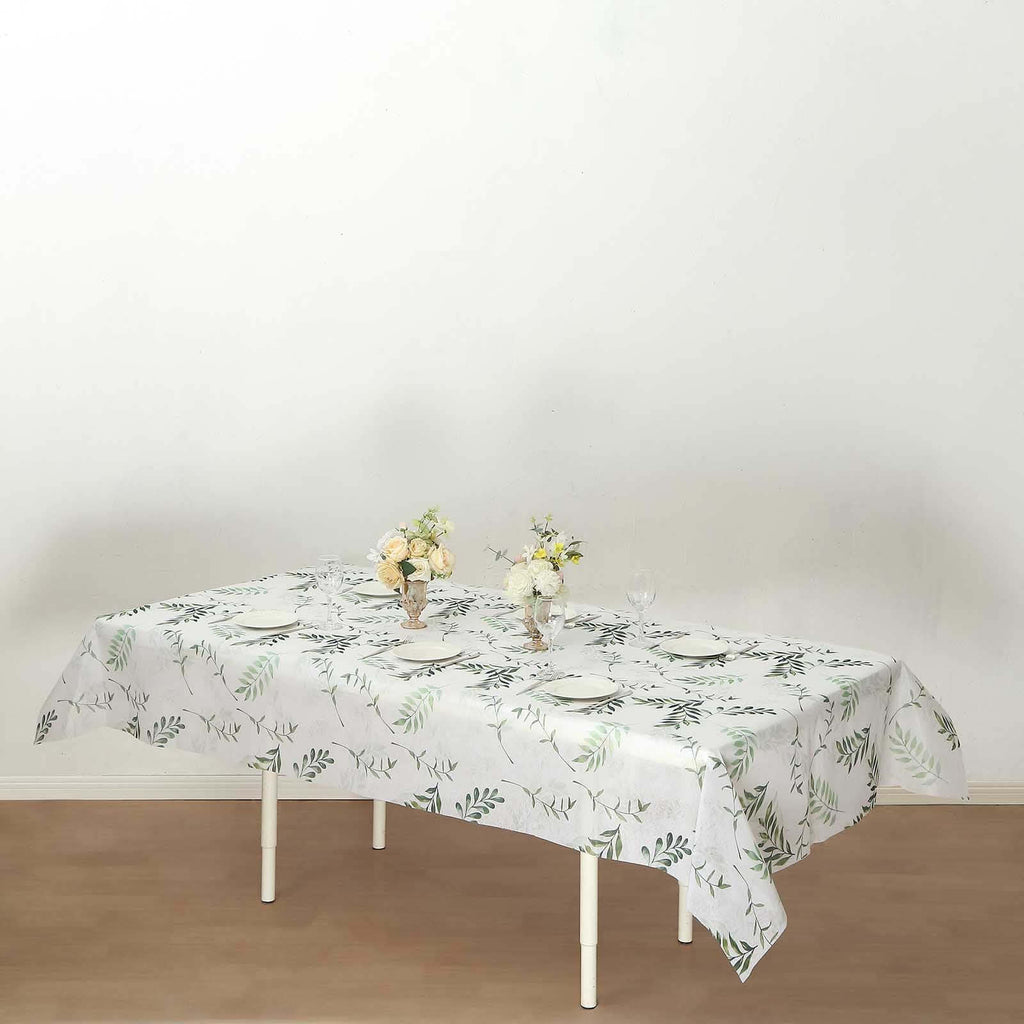 Non - Woven Tablecloth Rectangle White/Green with Olive Leaves Print - Perfect Disposable Table Cover for Summer 60"x102" - Bell Racket Store