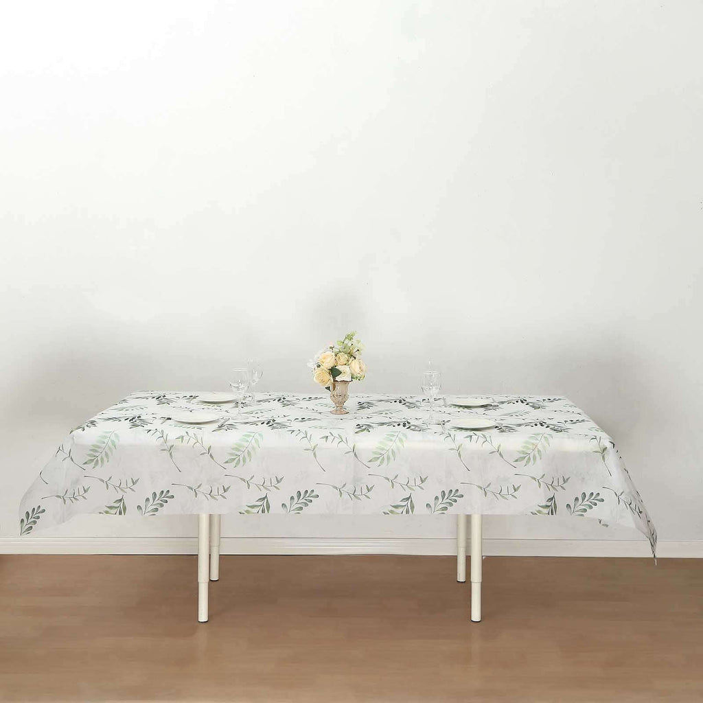 Non - Woven Tablecloth Rectangle White/Green with Olive Leaves Print - Perfect Disposable Table Cover for Summer 60"x102" - Bell Racket Store