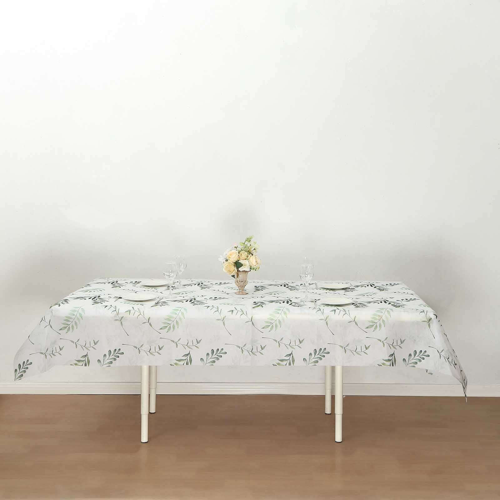Non - Woven Tablecloth Rectangle White/Green with Olive Leaves Print - Perfect Disposable Table Cover for Summer 60"x102" - Bell Racket Store