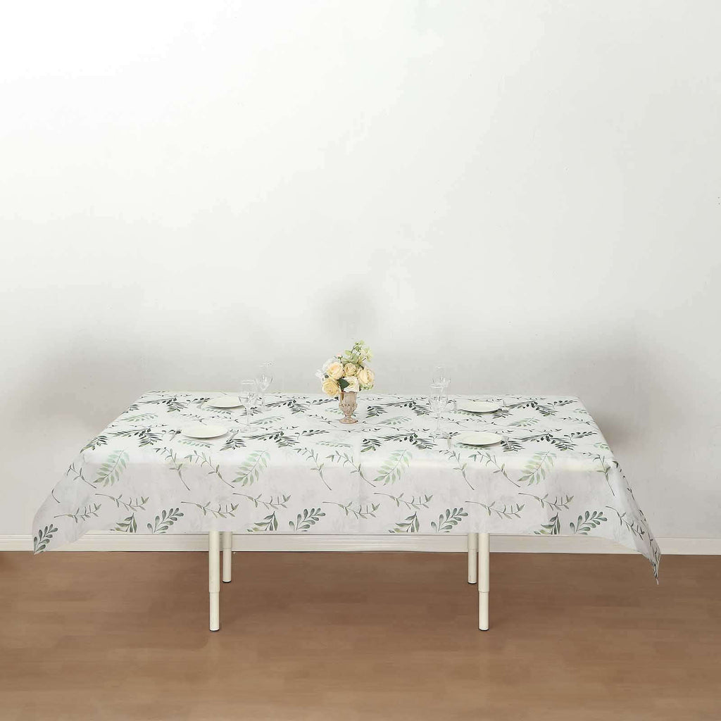Non - Woven Tablecloth Rectangle White/Green with Olive Leaves Print - Perfect Disposable Table Cover for Summer 60"x102" - Bell Racket Store