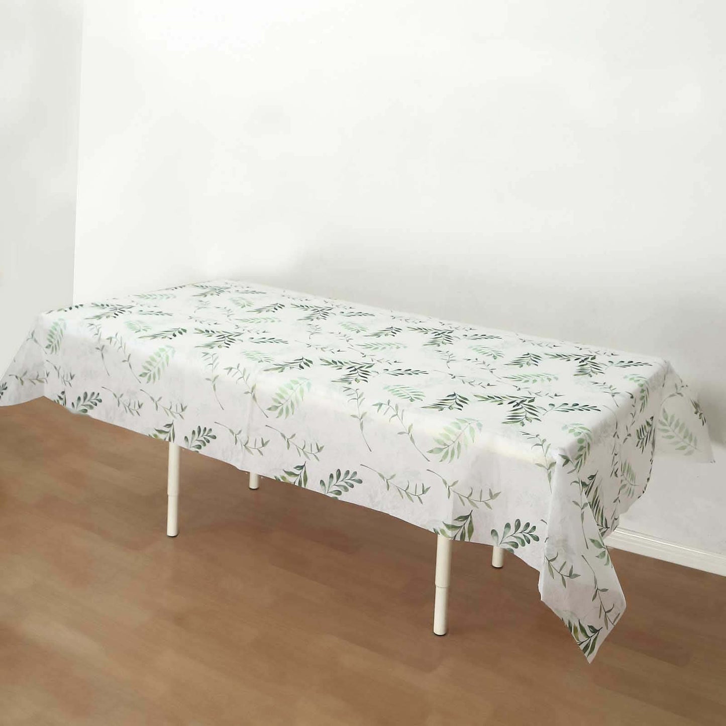 Non - Woven Tablecloth Rectangle White/Green with Olive Leaves Print - Perfect Disposable Table Cover for Summer 60"x102" - Bell Racket Store