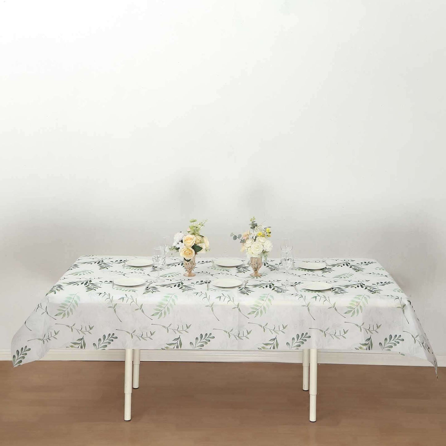 Non - Woven Tablecloth Rectangle White/Green with Olive Leaves Print - Perfect Disposable Table Cover for Summer 60"x102" - Bell Racket Store