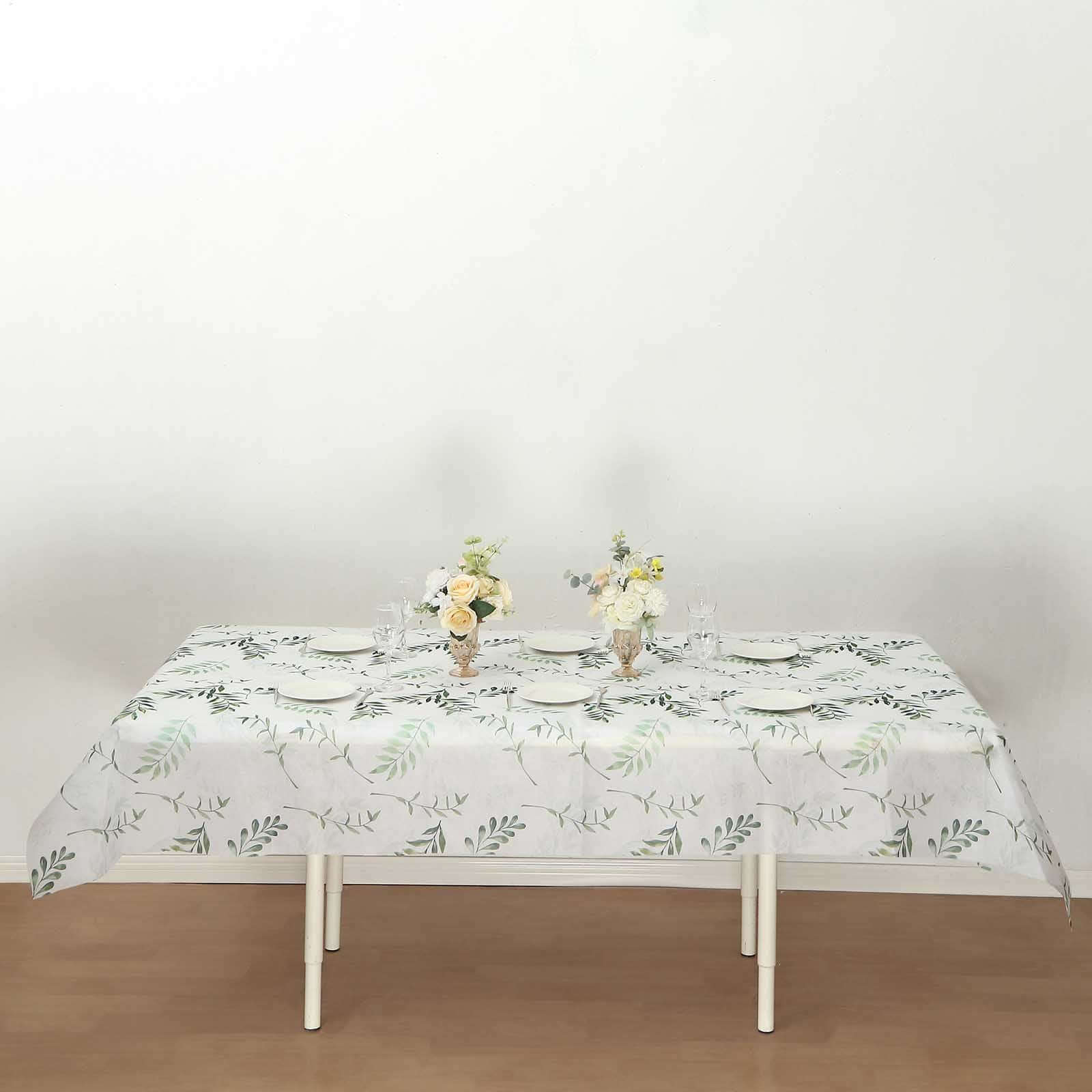 Non - Woven Tablecloth Rectangle White/Green with Olive Leaves Print - Perfect Disposable Table Cover for Summer 60"x102" - Bell Racket Store
