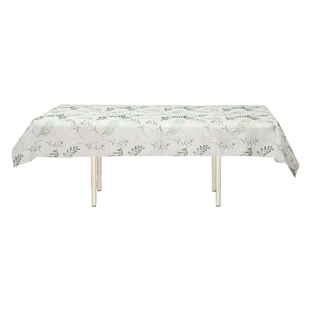 Non - Woven Tablecloth Rectangle White/Green with Olive Leaves Print - Perfect Disposable Table Cover for Summer 60"x102" - Bell Racket Store