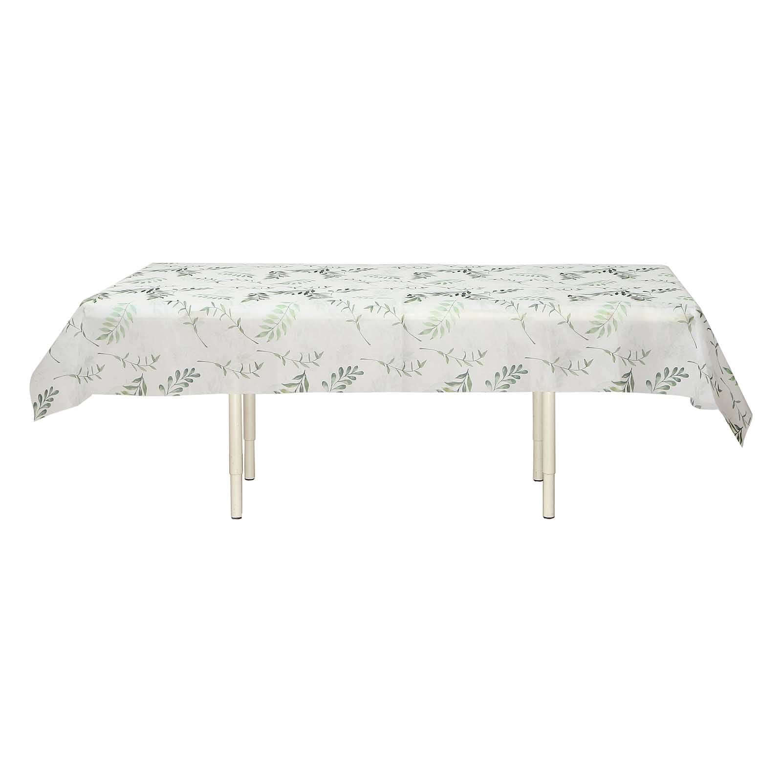 Non - Woven Tablecloth Rectangle White/Green with Olive Leaves Print - Perfect Disposable Table Cover for Summer 60"x102" - Bell Racket Store