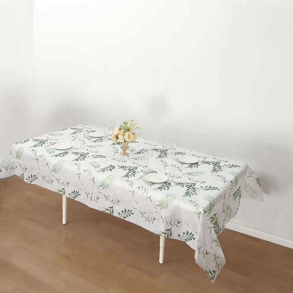 Non - Woven Tablecloth Rectangle White/Green with Olive Leaves Print - Perfect Disposable Table Cover for Summer 60"x102" - Bell Racket Store