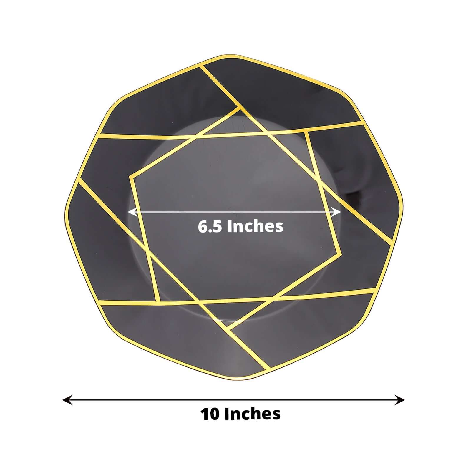 10-Pack Plastic 10" Octagon Dinner Plates in Black - Modern Disposable Party Plates with Gold Geometric Design for Special Occasions & Celebrations