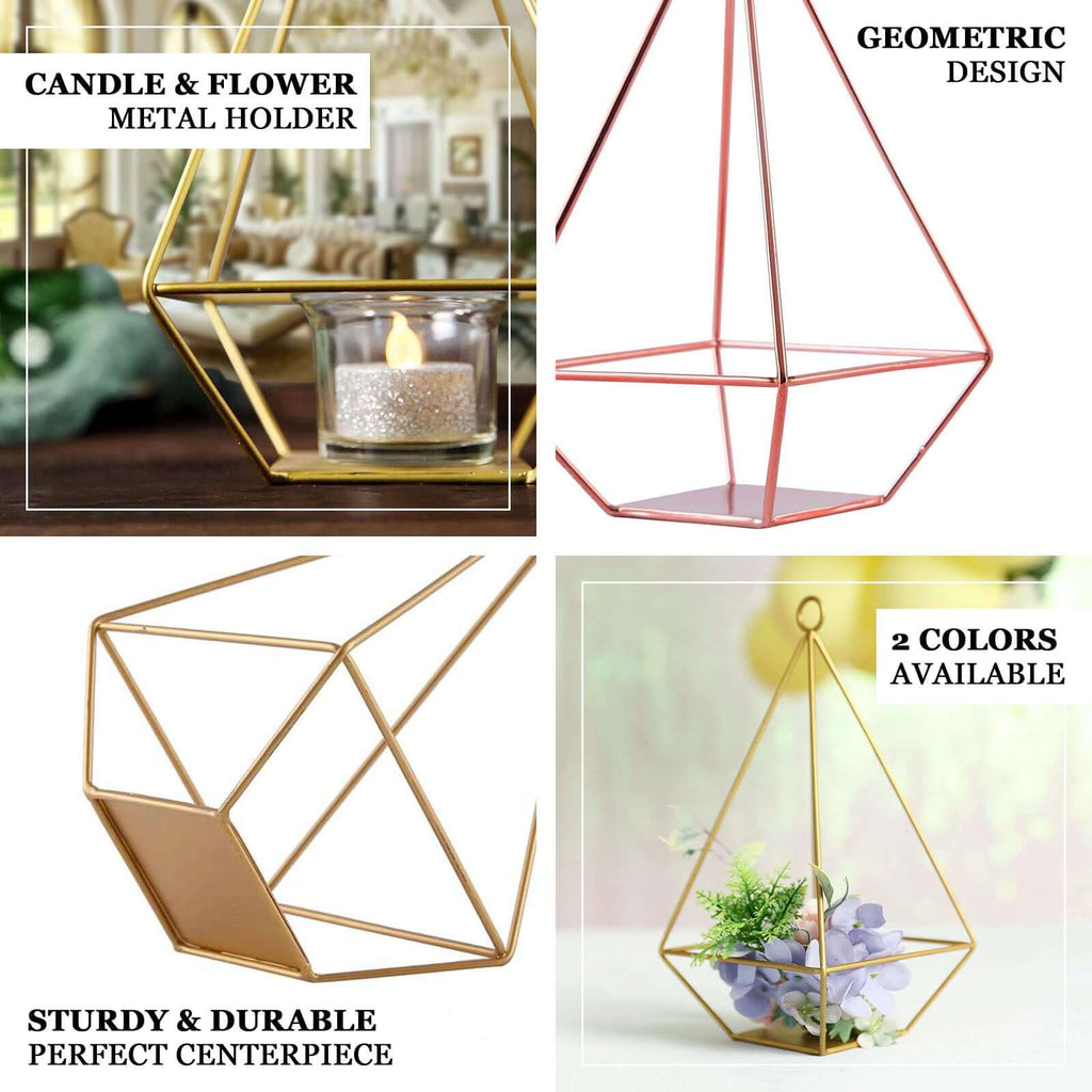 2-Pack Tealight Candle Holders Gold Metal Pyramid Geometric Open Frame - Flower Stand 9"