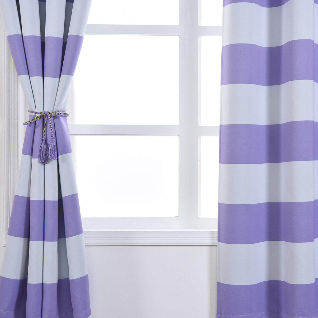 2 Pack White Lavender Lilac Cabana Stripe Thermal Blackout Curtains With Chrome Grommet Window Treatment Panels - 52"x108"