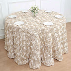 Satin 120" Round Tablecloth Beige - Grandiose 3D Rosette with Seamless Finish Table Cover