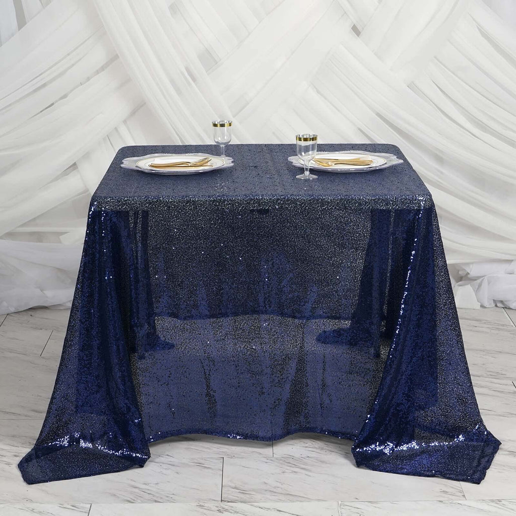 Sequin 90"x90" Table Overlay Square Tablecloth Navy Blue - Sparkly Table Cover