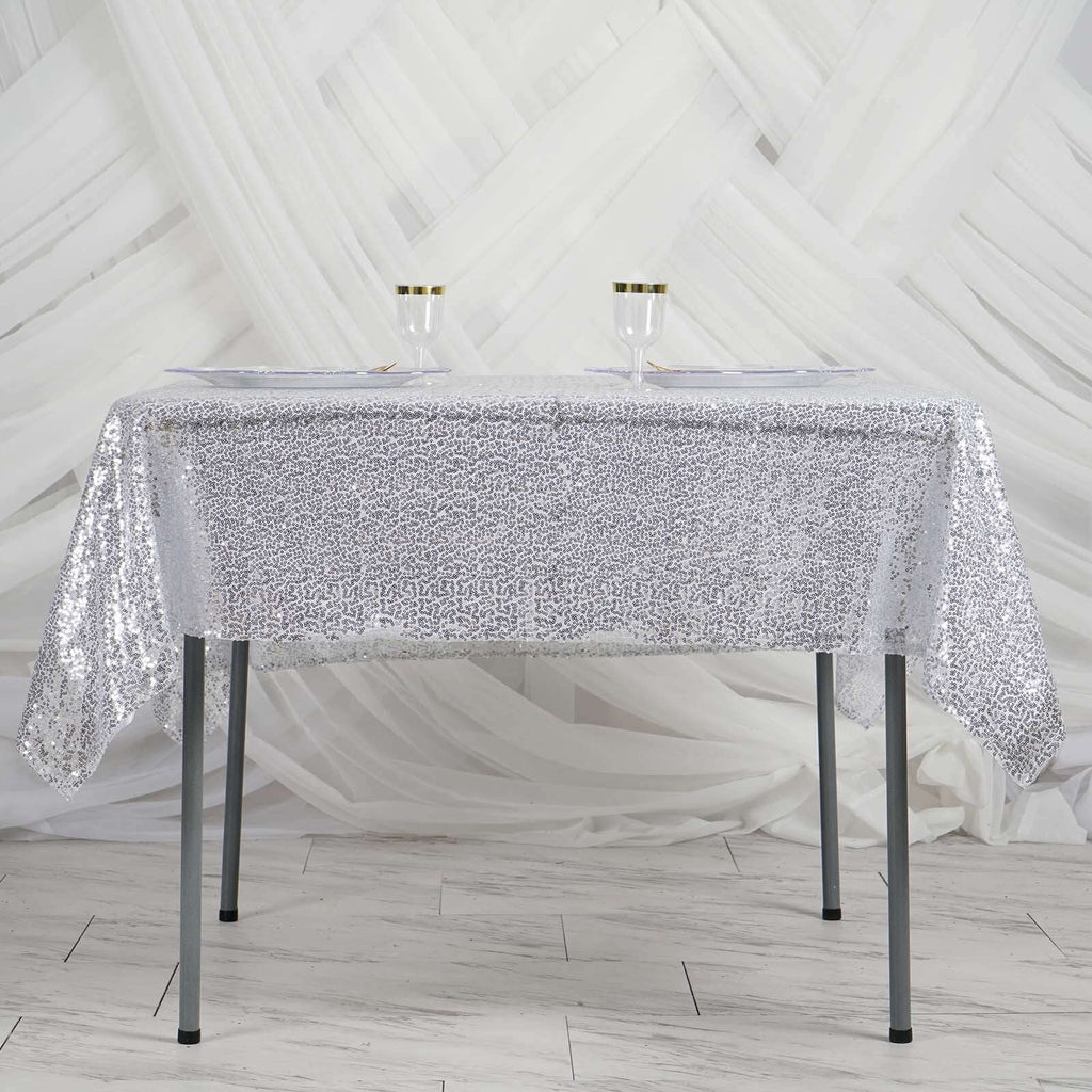 Sequin 60"x60" Table Overlay Square Tablecloth Silver - Luxe Wedding Table Topper