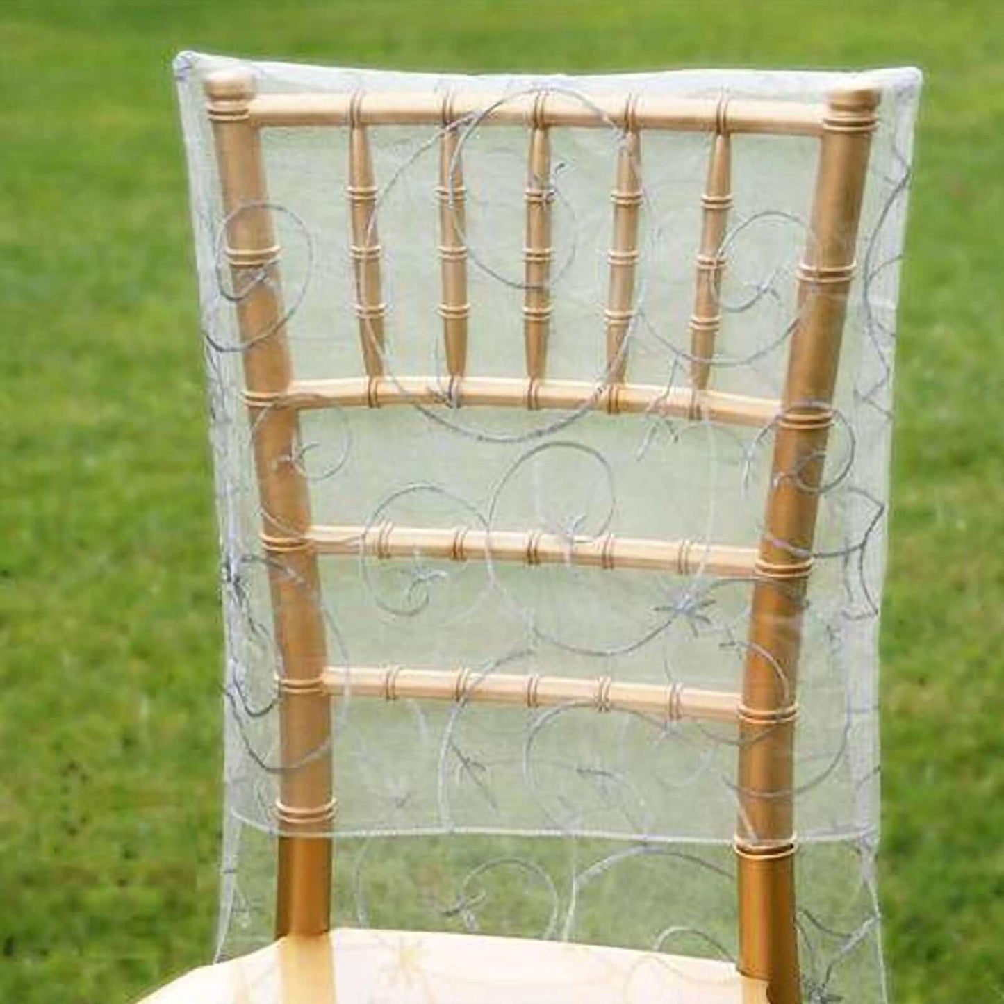 Organza Chair Slipcover with Satin Embroidery for Chiavari Chairs Silver - Chair Back Cover - NestOCart