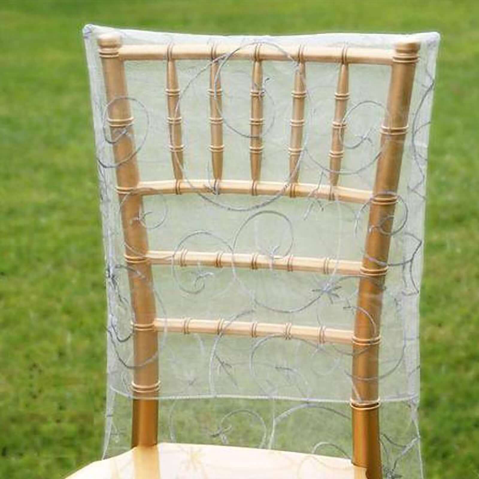 Organza Chair Slipcover with Satin Embroidery for Chiavari Chairs Silver - Chair Back Cover - NestOCart