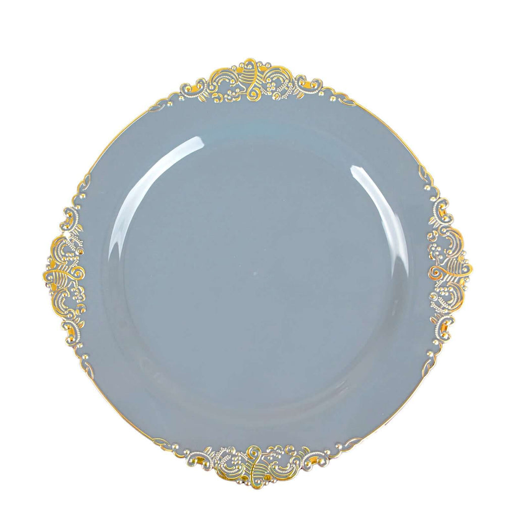 10-Pack Plastic 10" Round Dinner Plates in Dusty Blue with Gold Leaf Embossed Rim - Disposable Vintage Baroque Style Plates