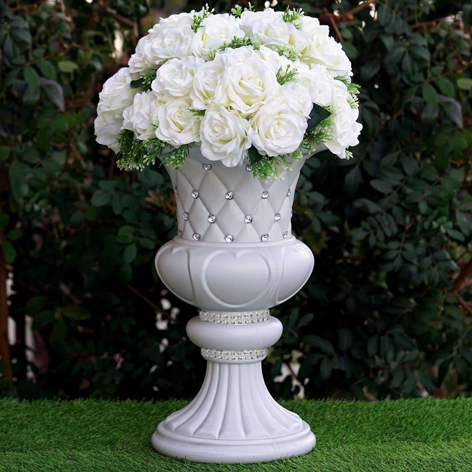 2 Pack White Crystal Beaded Italian Inspired Pedestal Stand Flower Plant Pillar With 10mm Crystal Studs - 18" Tall PVC