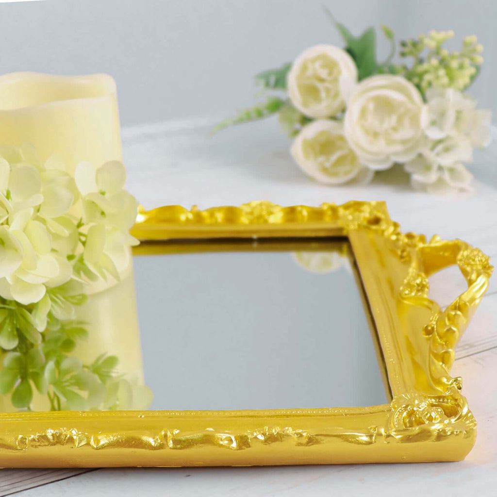 Resin Mirrored Rectangle Serving Tray 15"x10" in Metallic Gold with Baroque Design, Stylish Decorative Vanity Tray Centerpiece