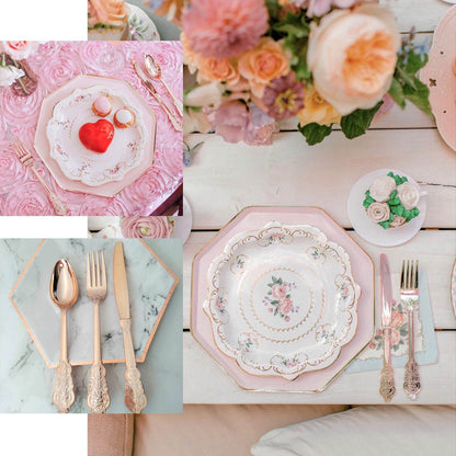 24 Pcs Plastic Silverware Set in Baroque Style Metallic Silver - Heavy Duty Disposable Knife, Fork, and Spoon Set