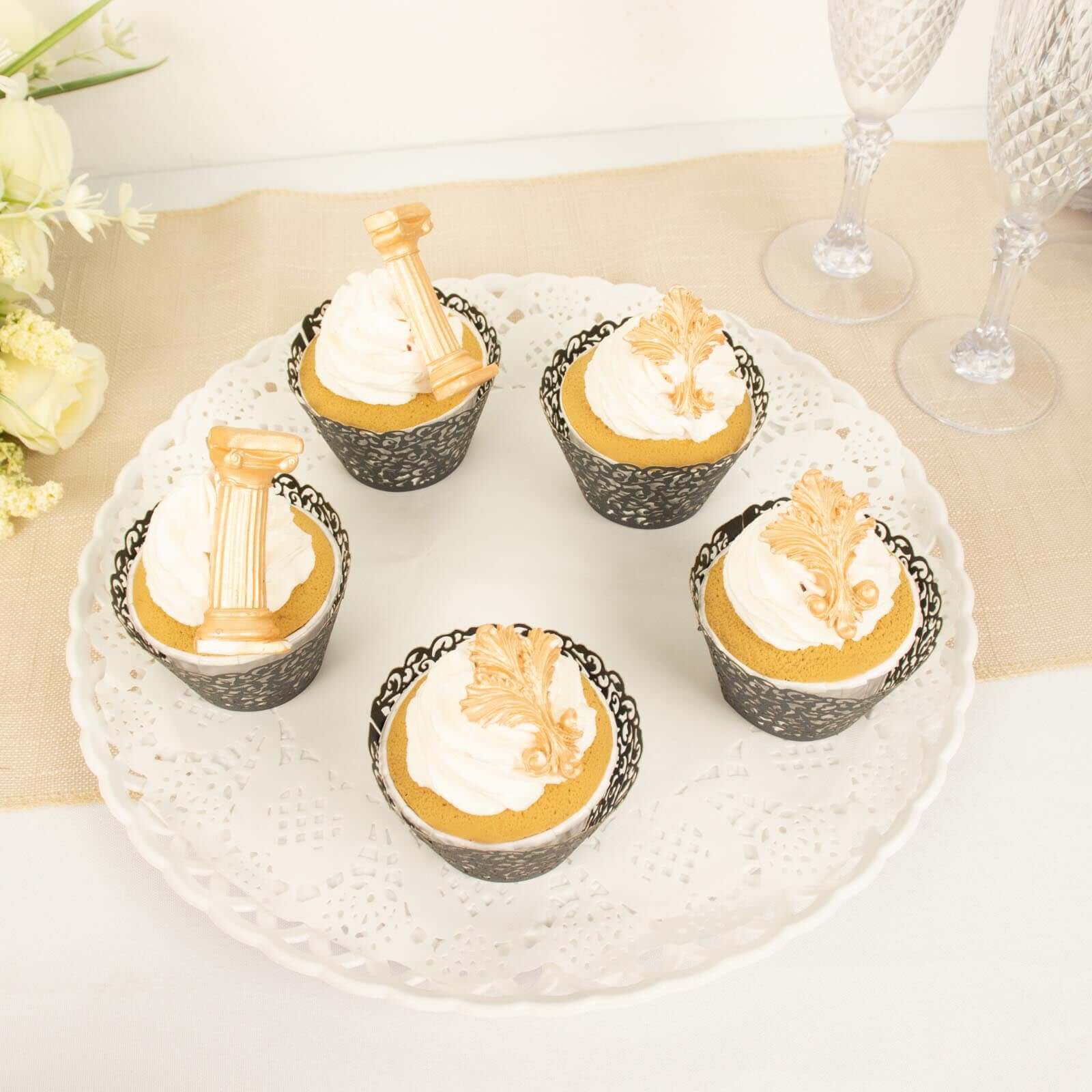 25-Pack Paper Cupcake Wrappers Lace Laser Cut Design Black - Muffin Baking Cup Trays for Events