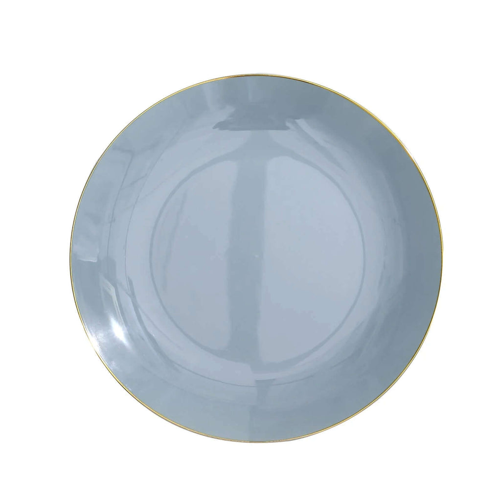 10-Pack Plastic 10" Round Dinner Plates in Dusty Blue with Gold Rim - Glossy Disposable Party Plates