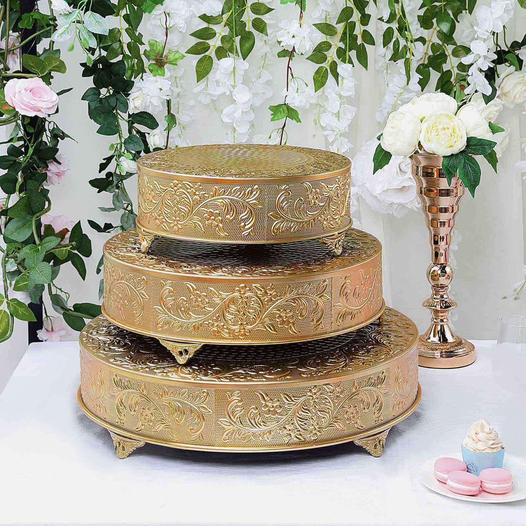 Metal 14" Round Cake Pedestal Stand Matte Gold - Cupcake Dessert Display Riser with Intricate Embossed Design for Upscale Events & Gatherings