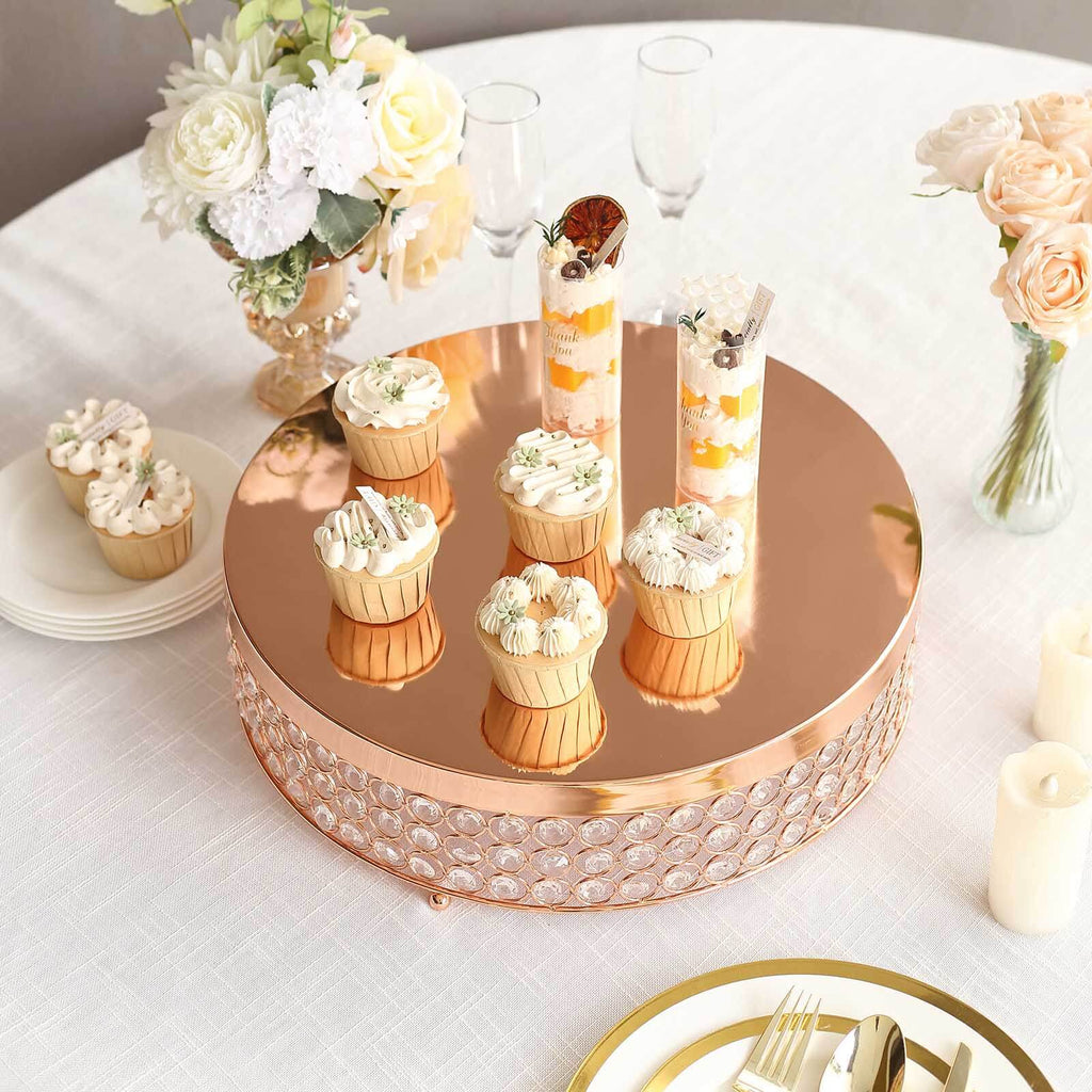 Metal Cake Stand Pedestal Crystal Beaded Design Rose Gold - Cupcake Display and Dessert Riser 16"