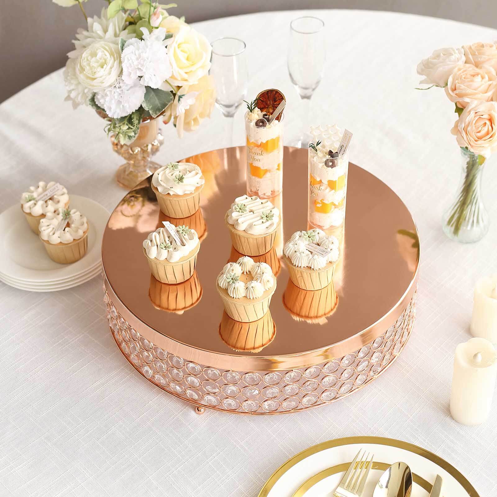 Metal Cake Stand Pedestal Crystal Beaded Design Rose Gold - Cupcake Display and Dessert Riser 16"
