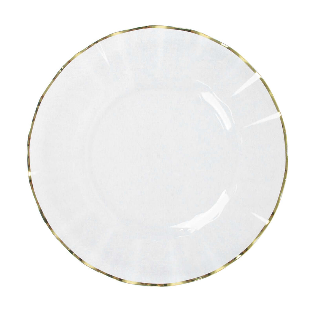 10-Pack Plastic 9" Round Dinner Plates in Clear Ruffled Rim with Gold Edging - Sturdy Disposable Dinnerware