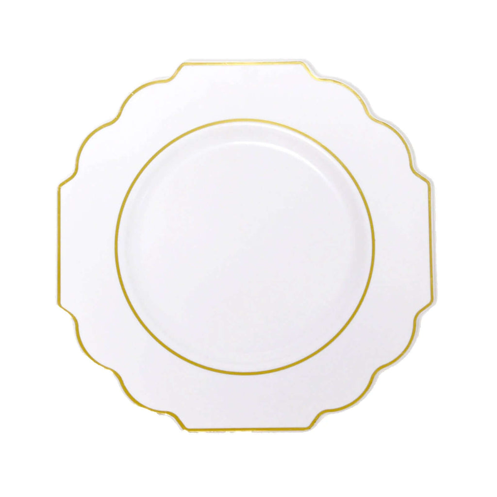 10-Pack Plastic Dessert Appetizer Plates in White Baroque Design with Scalloped Gold Rim - Heavy Duty Disposable Salad Plates for Formal Events & Banquets 8"