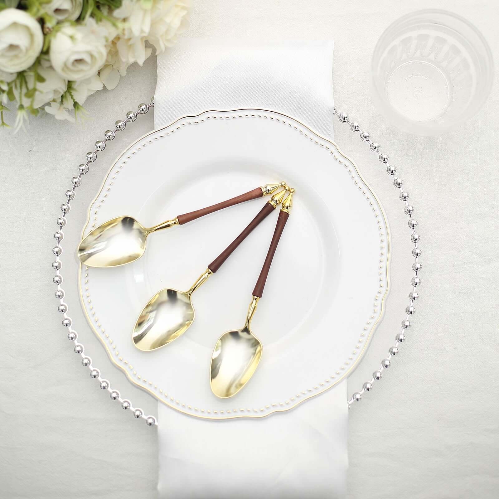 24-Pack Plastic Dessert Spoons with Roman Column Handle Gold/Brown - European Style Disposable Utensils 6"